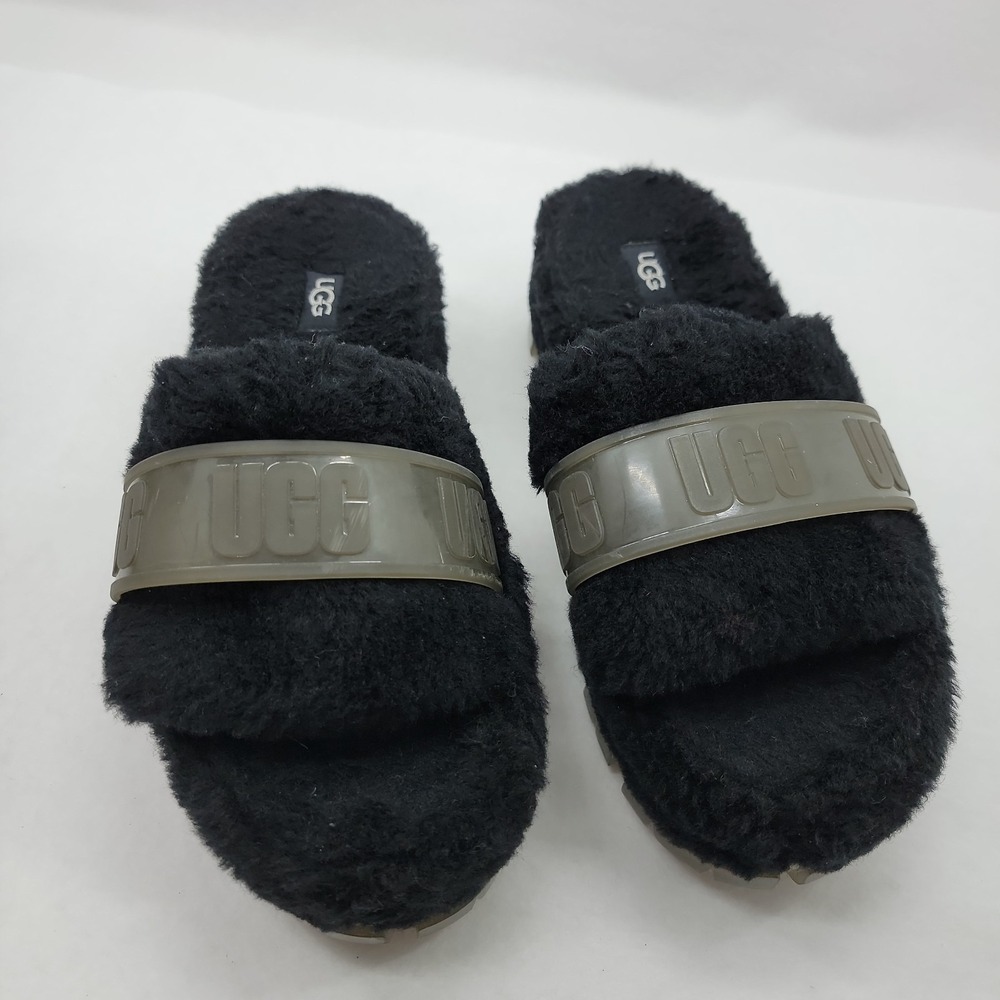 UGG‎ Women's Fluffita US 9 Black Logo Slip On Platform Shearling Slide Slippers
